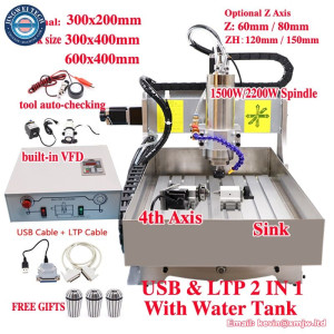 CNC Router 6040 3040 3020 4Axis LTP USB Port 2 in 1, 2200W 1500W Metal Engraving Milling Cutting Drilling Machine Add Water Tank